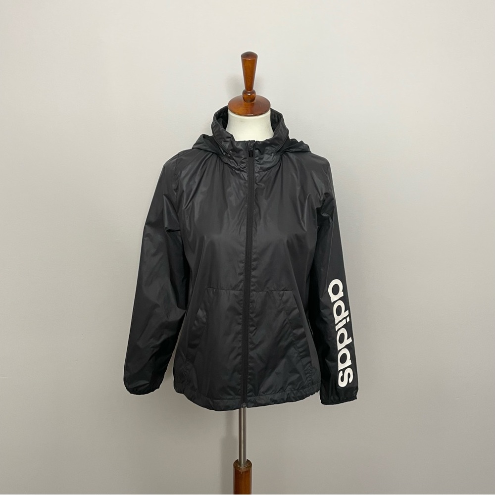 Adidas Jacket Rain Wind Spell Out Logo Packable Hood Lightweight Black White